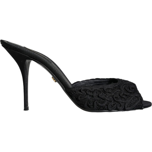 Dolce & Gabbana Black Keira Cordonetto Heels Slides Shoes Dolce & Gabbana