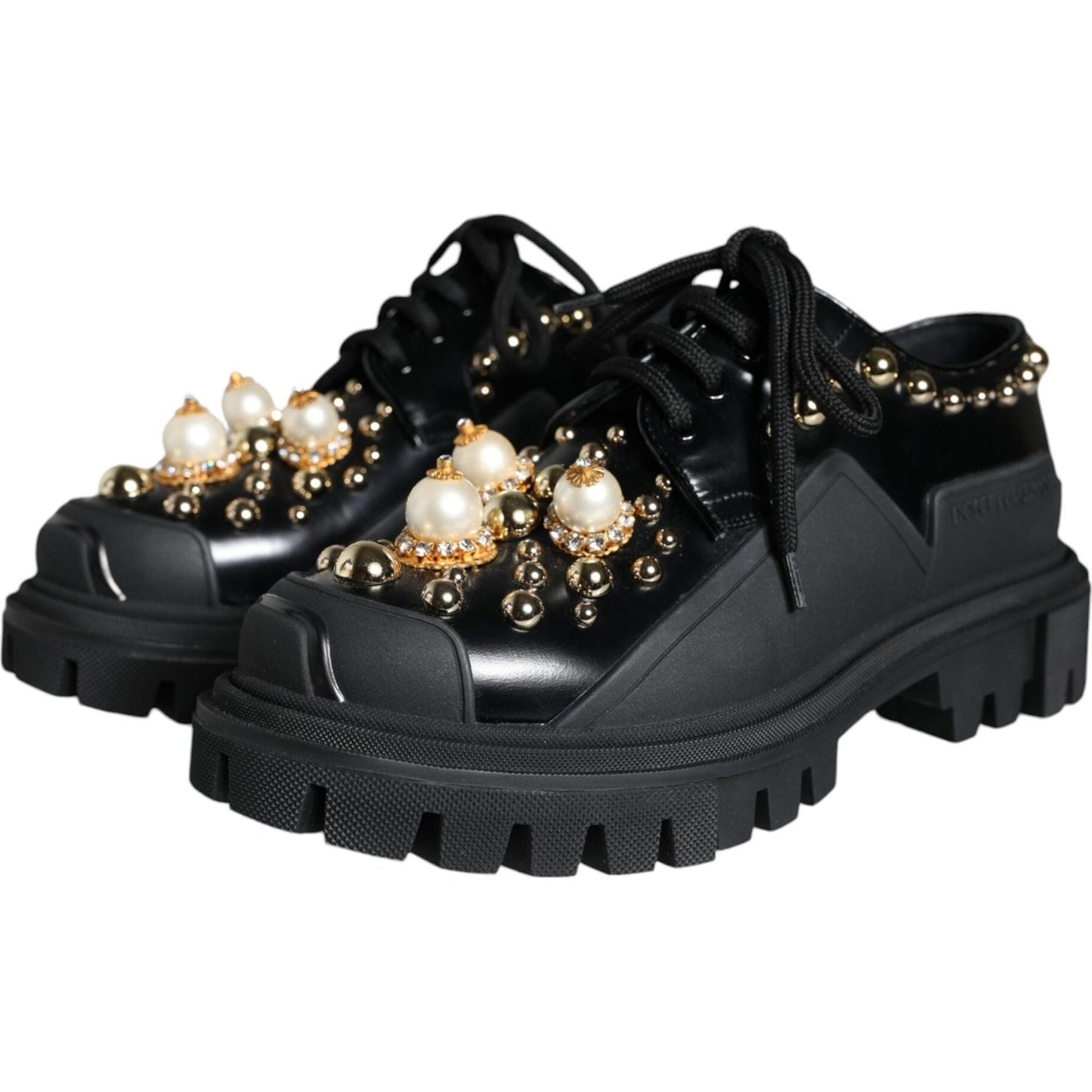 Dolce & Gabbana Black Leather Trekking Derby Embellished Shoes Dolce & Gabbana