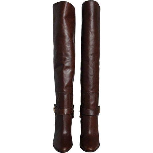 Dolce & Gabbana Brown Leather Gold Tone Logo High Boots Shoes Dolce & Gabbana Dark Slate Gray