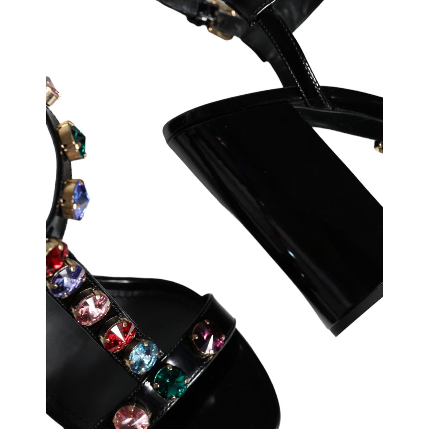 Dolce & Gabbana Black Crystal Leather T-strap Sandals Shoes Dolce & Gabbana