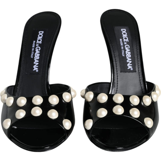 Dolce & Gabbana Black Leather Pearls Slides Sandals Shoes Dolce & Gabbana