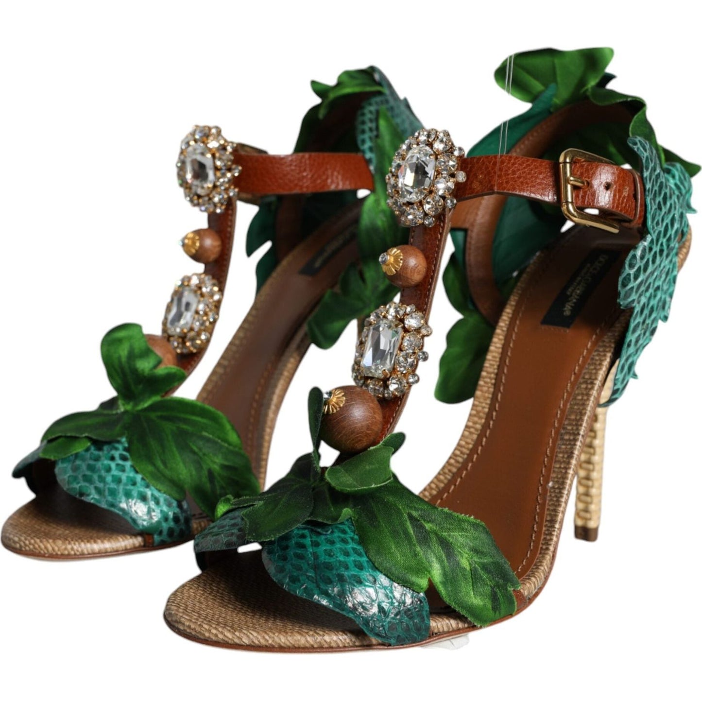 Dolce & Gabbana Emerald Embellished Leather Heels Sandals Shoes Dolce & Gabbana