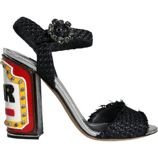 Dolce & Gabbana Black Silver Rafia Light Up Heels Sandals Shoes Dolce & Gabbana