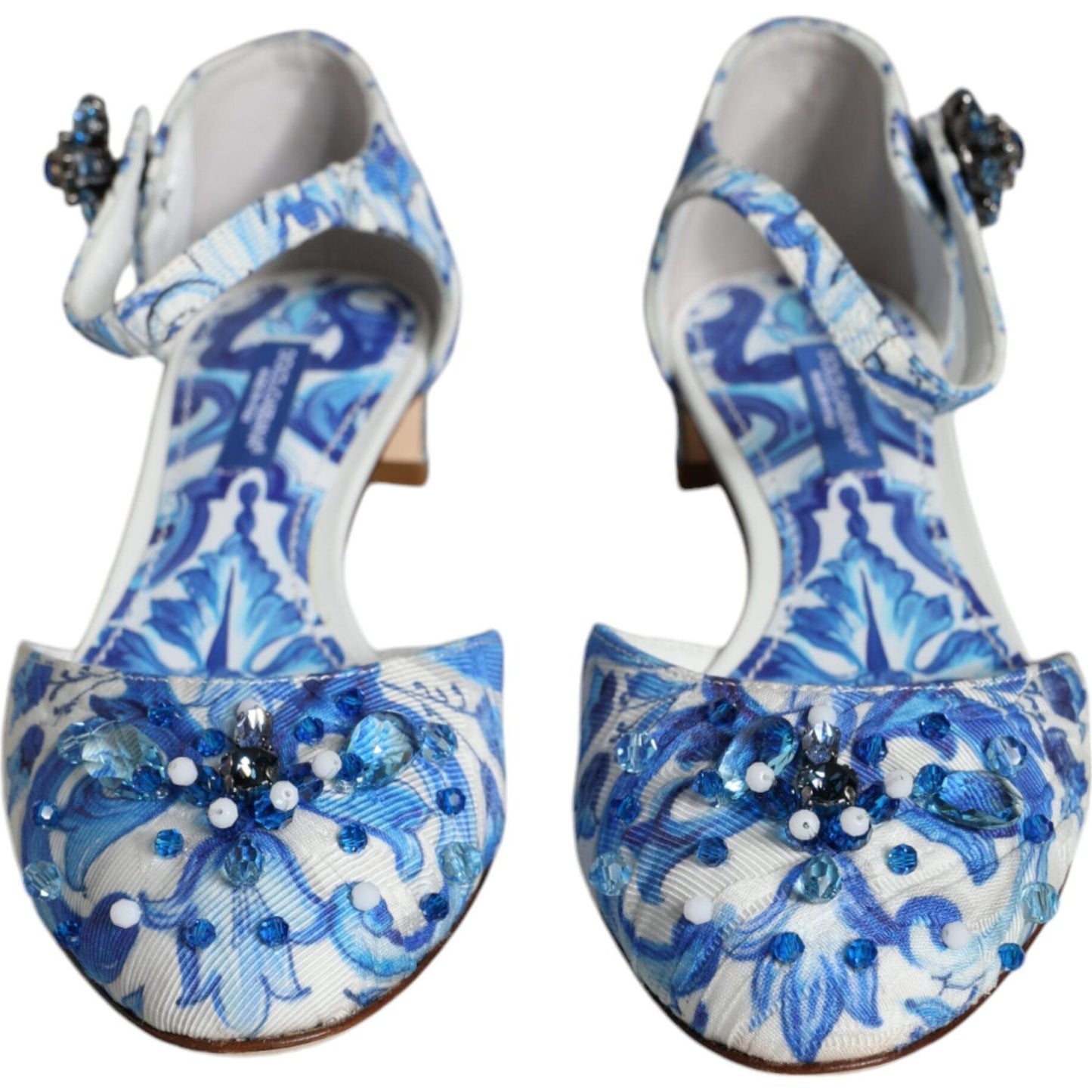 Dolce & Gabbana White Blue Majolica Print Ankle Strap Sandals Shoes Dolce & Gabbana