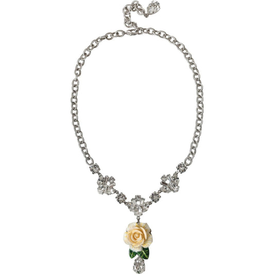 Dolce & Gabbana Silver Brass Clear Crystal Roses Pendants Necklace Necklace Dolce & Gabbana