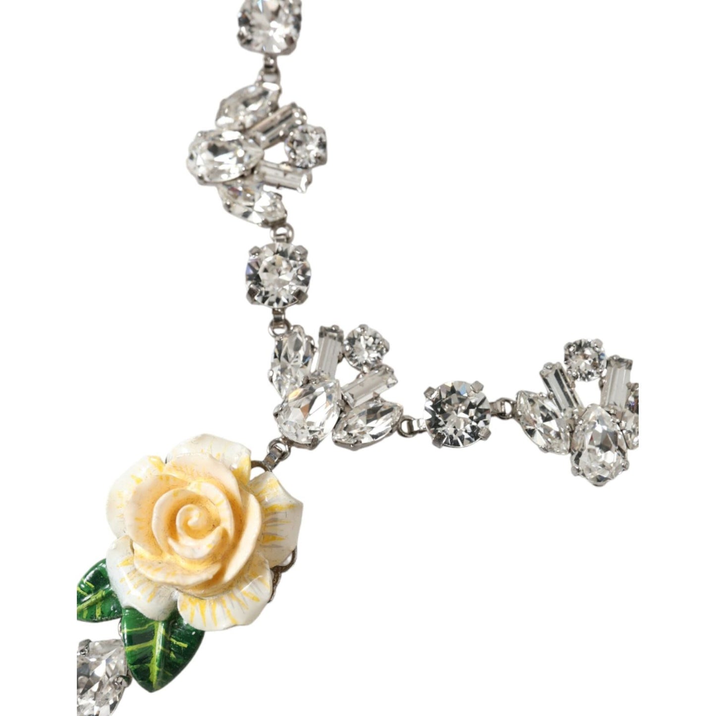 Dolce & Gabbana Silver Brass Clear Crystal Roses Pendants Necklace Necklace Dolce & Gabbana