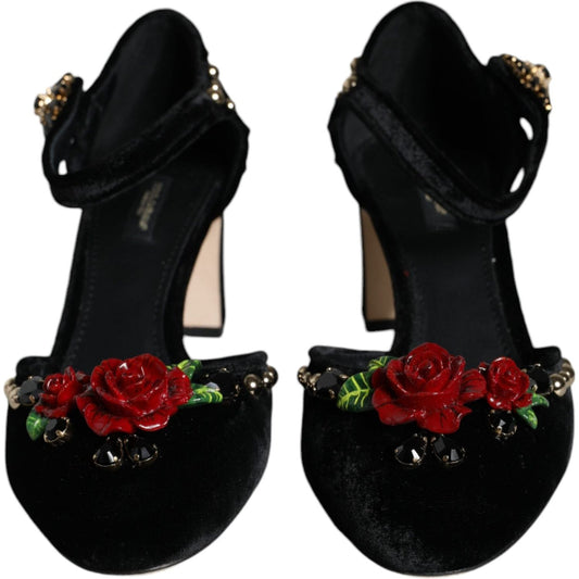 Dolce & Gabbana Black Velvet Roses Ankle Strap Pumps Shoes Dolce & Gabbana