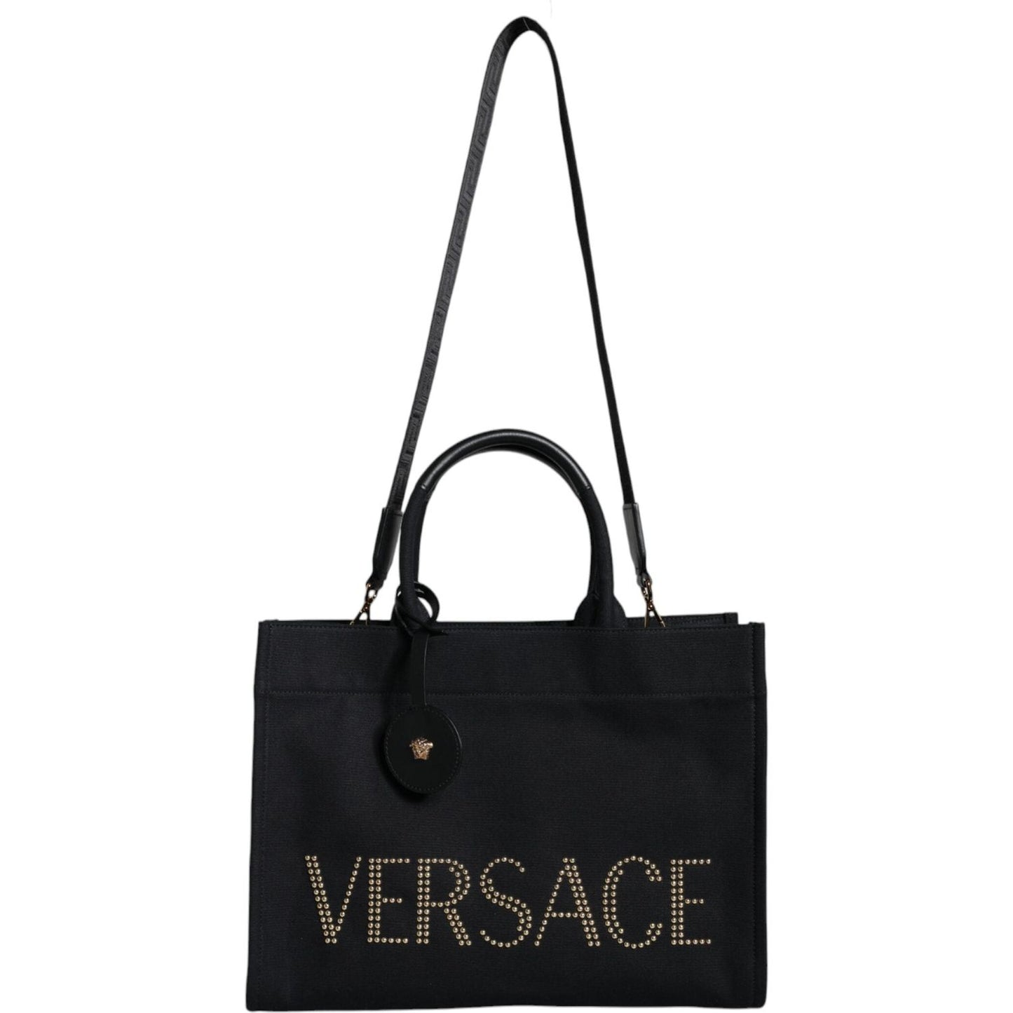 Versace Black Top Handle Canvas Leather Logo Crossbody Tote Bag Versace