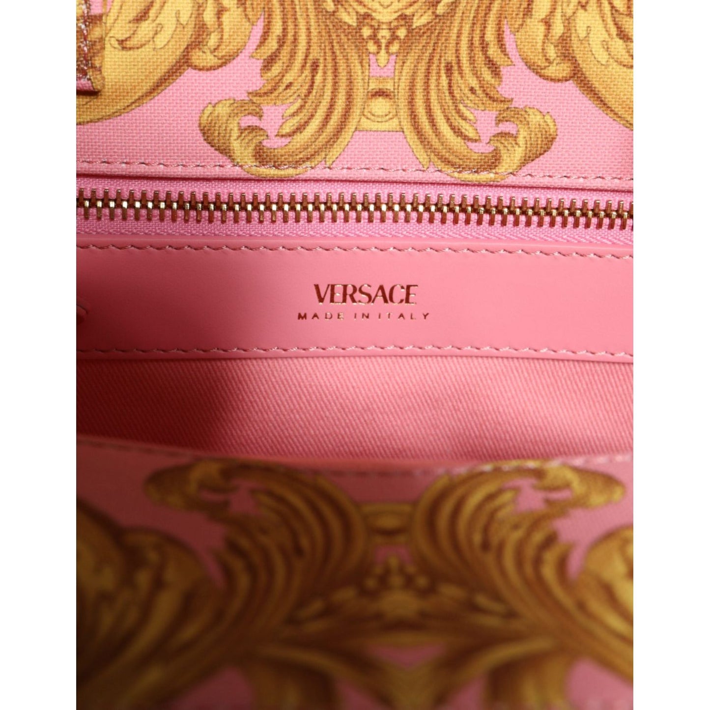 Versace Pink Yellow Baroque Fabric Leather Shopping Tote Bag Versace