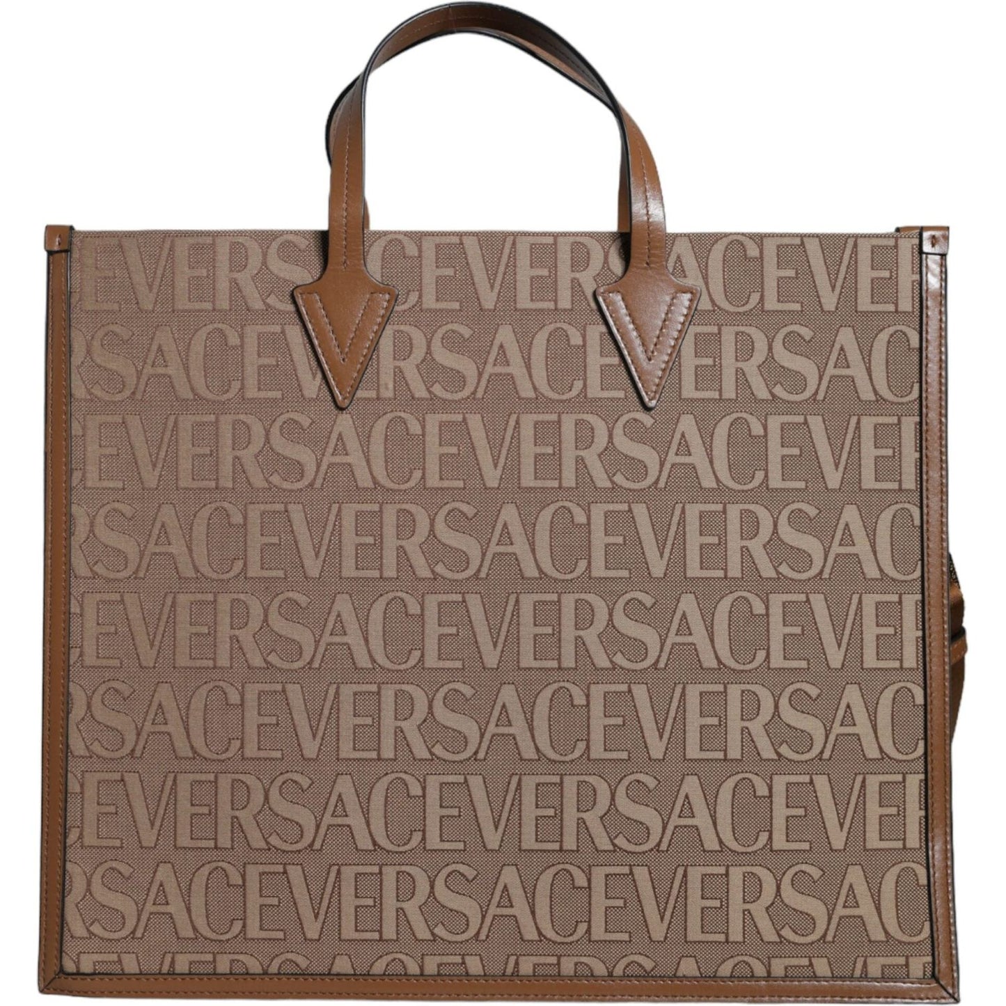 Versace Brown Top Handle Jacquard Leather Logo Crossbody Tote Bag Versace