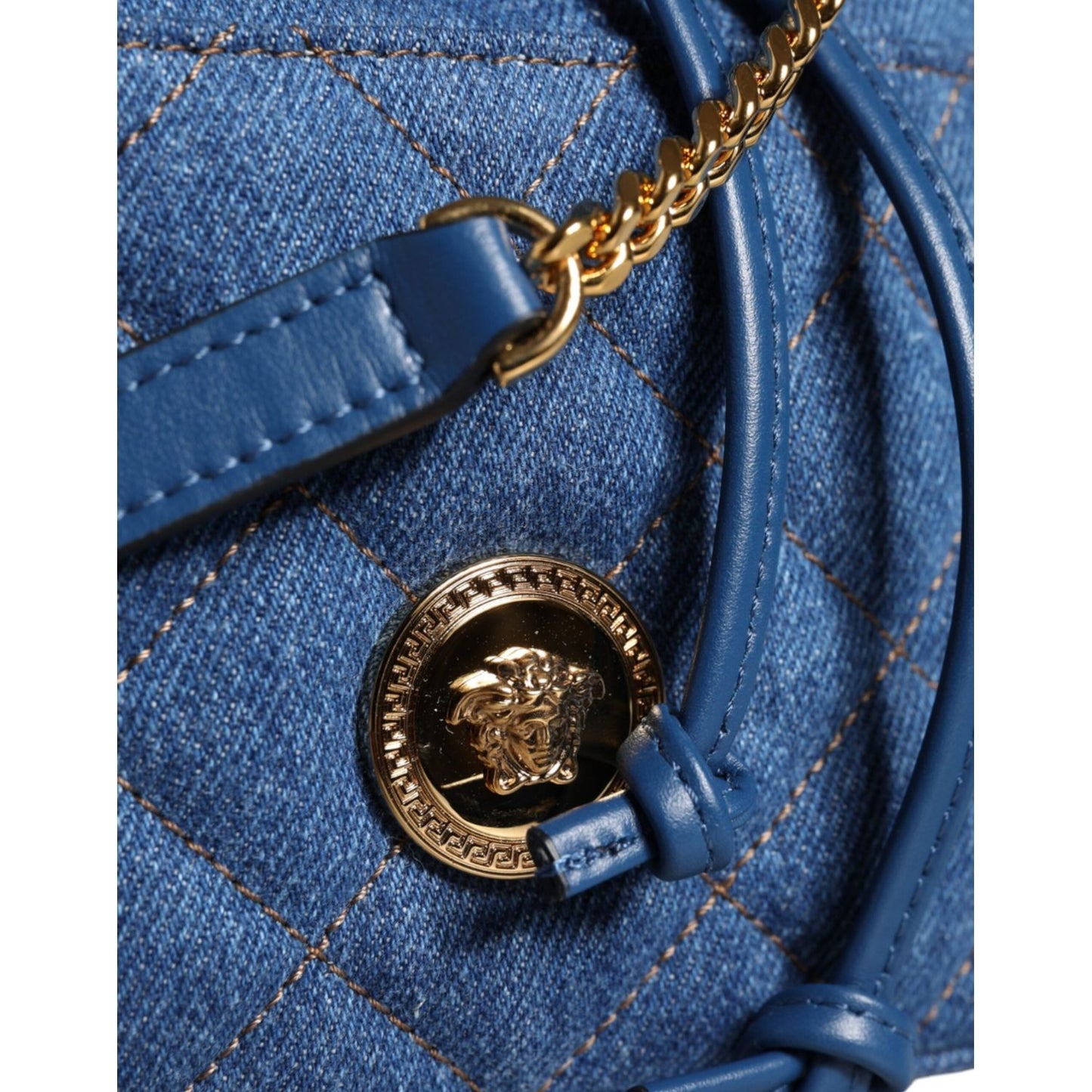 Versace Blue Quilted Denim Leather Crossbody Shoulder Bag Versace Dark Slate Blue