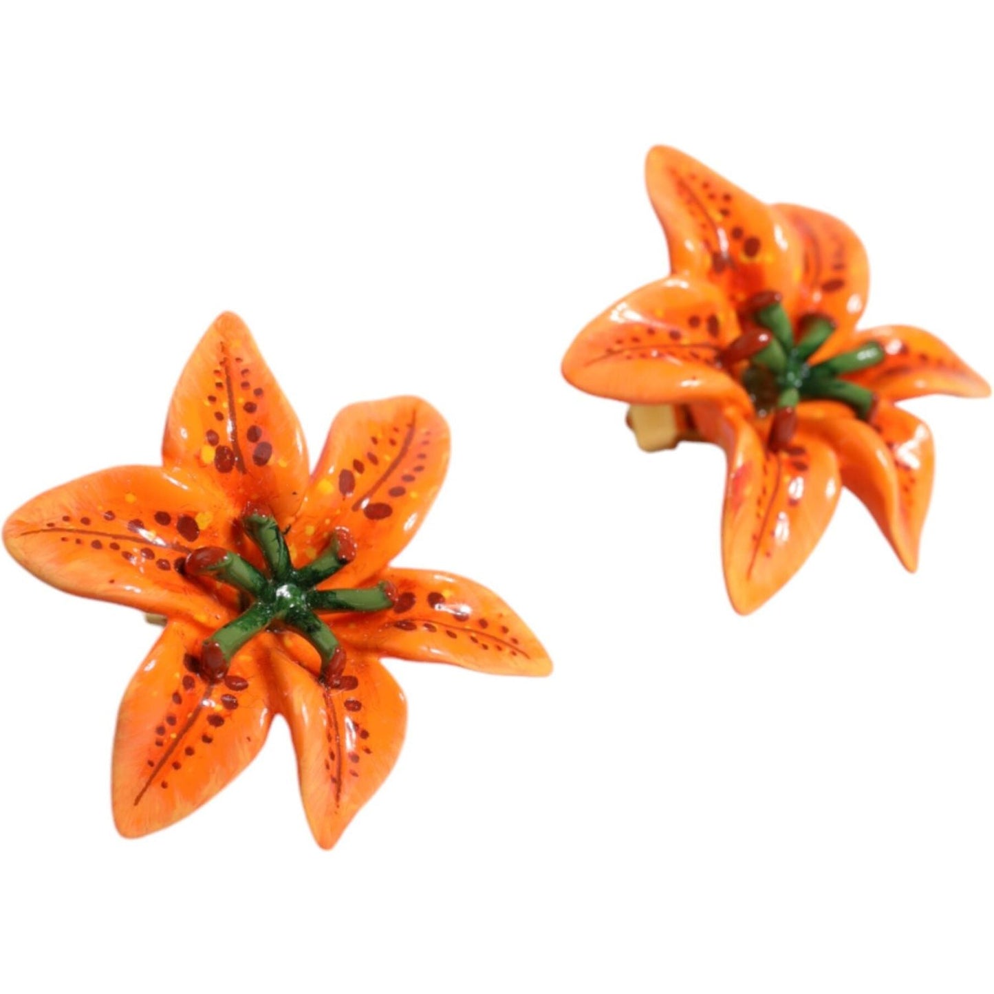 Dolce & Gabbana Orange Green Gold Brass Lily Flower Clip Floral Earrings Earrings Dolce & Gabbana