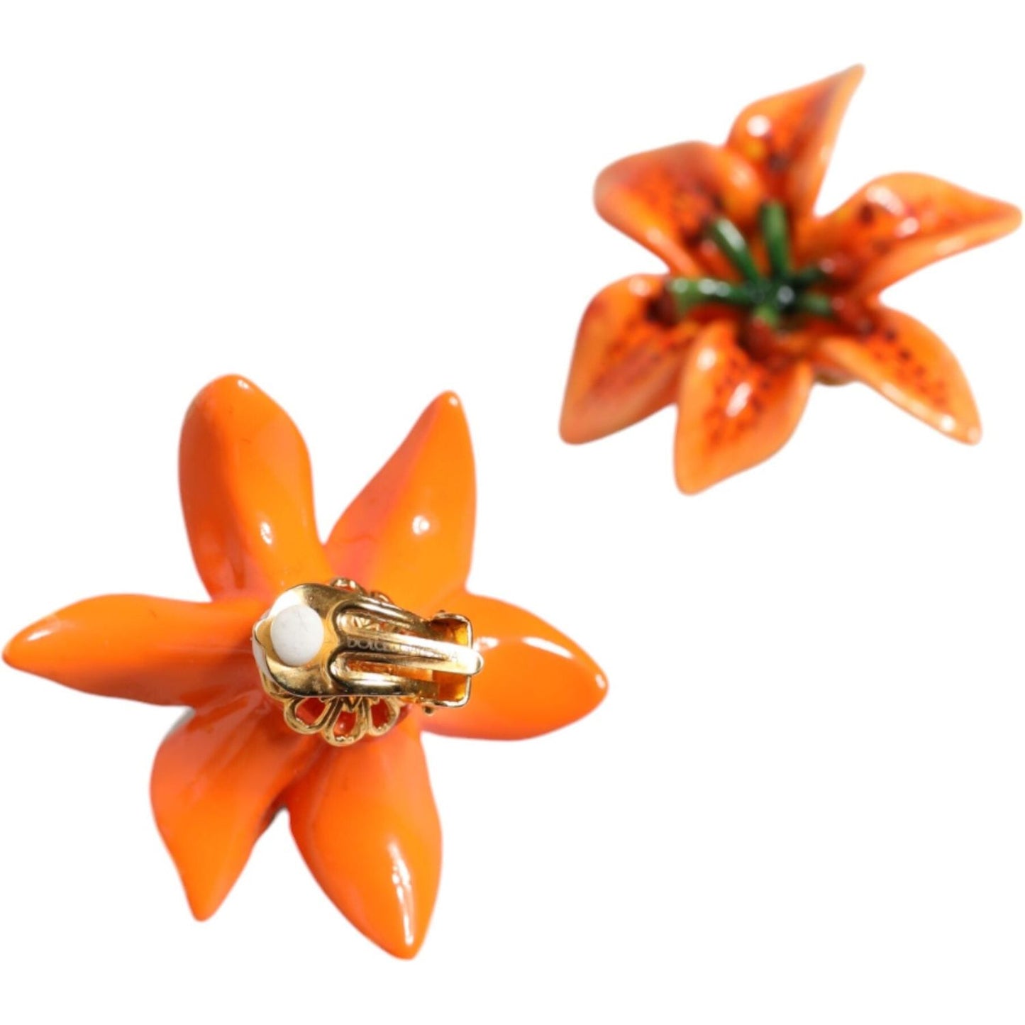 Dolce & Gabbana Orange Green Gold Brass Lily Flower Clip Floral Earrings Earrings Dolce & Gabbana