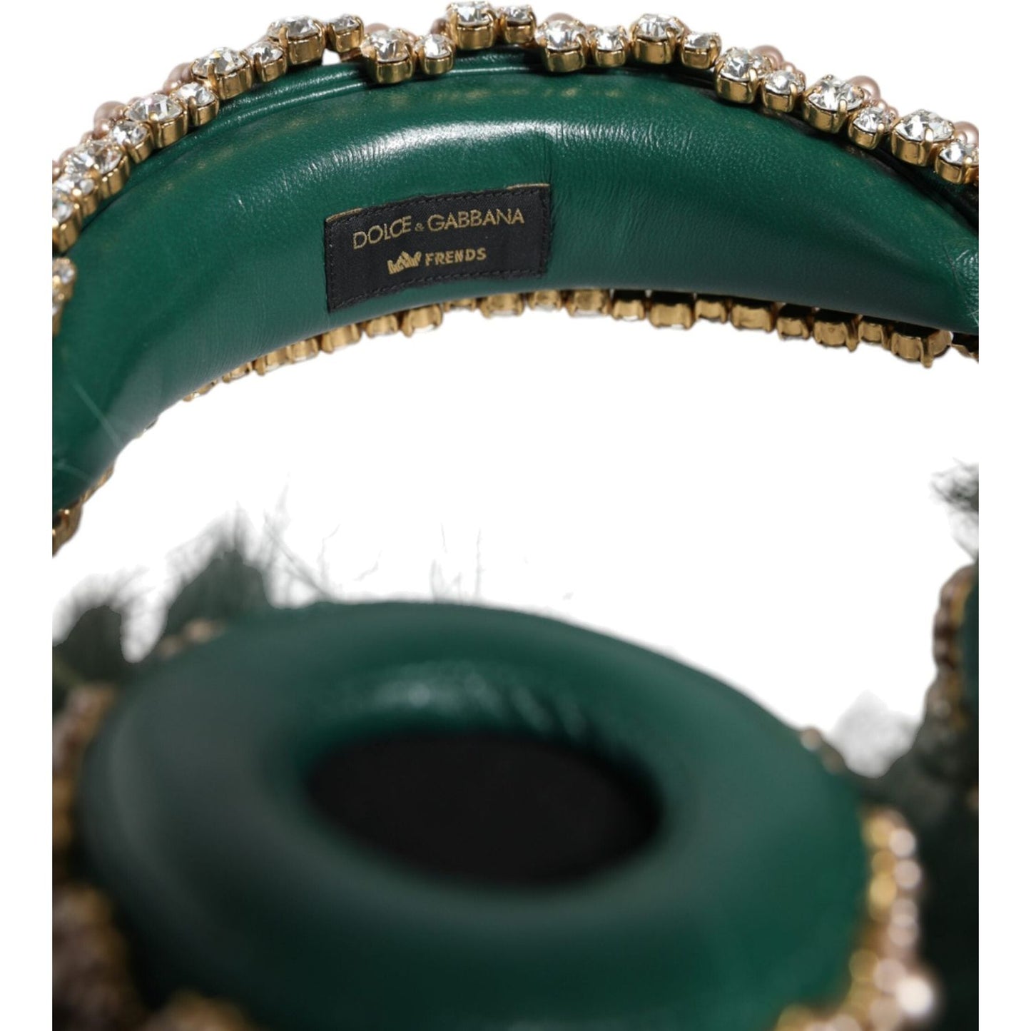 Dolce & Gabbana Green Gold Crystal Fur Headset Audio AUX Headphones Dolce & Gabbana