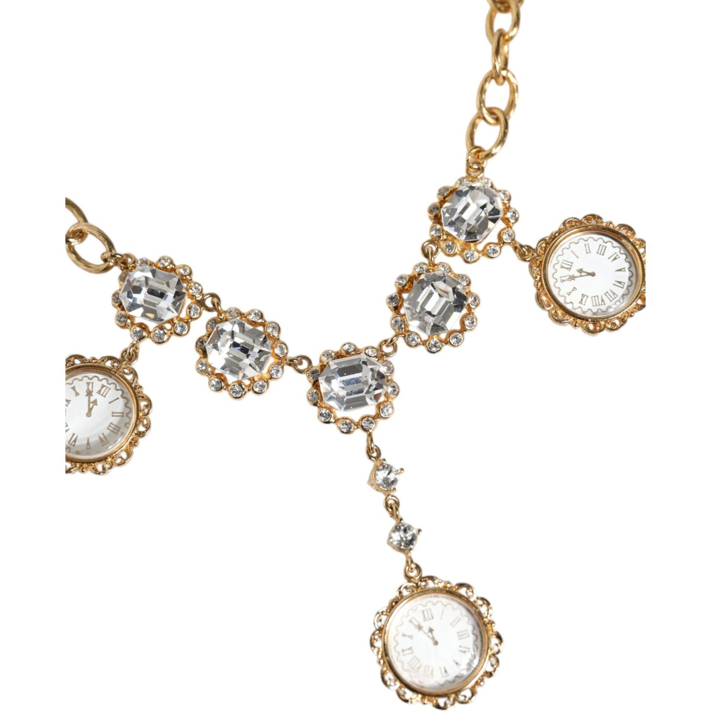 Dolce & Gabbana Gold Chain Brass Crystal Clock Statement Necklace Necklace Dolce & Gabbana