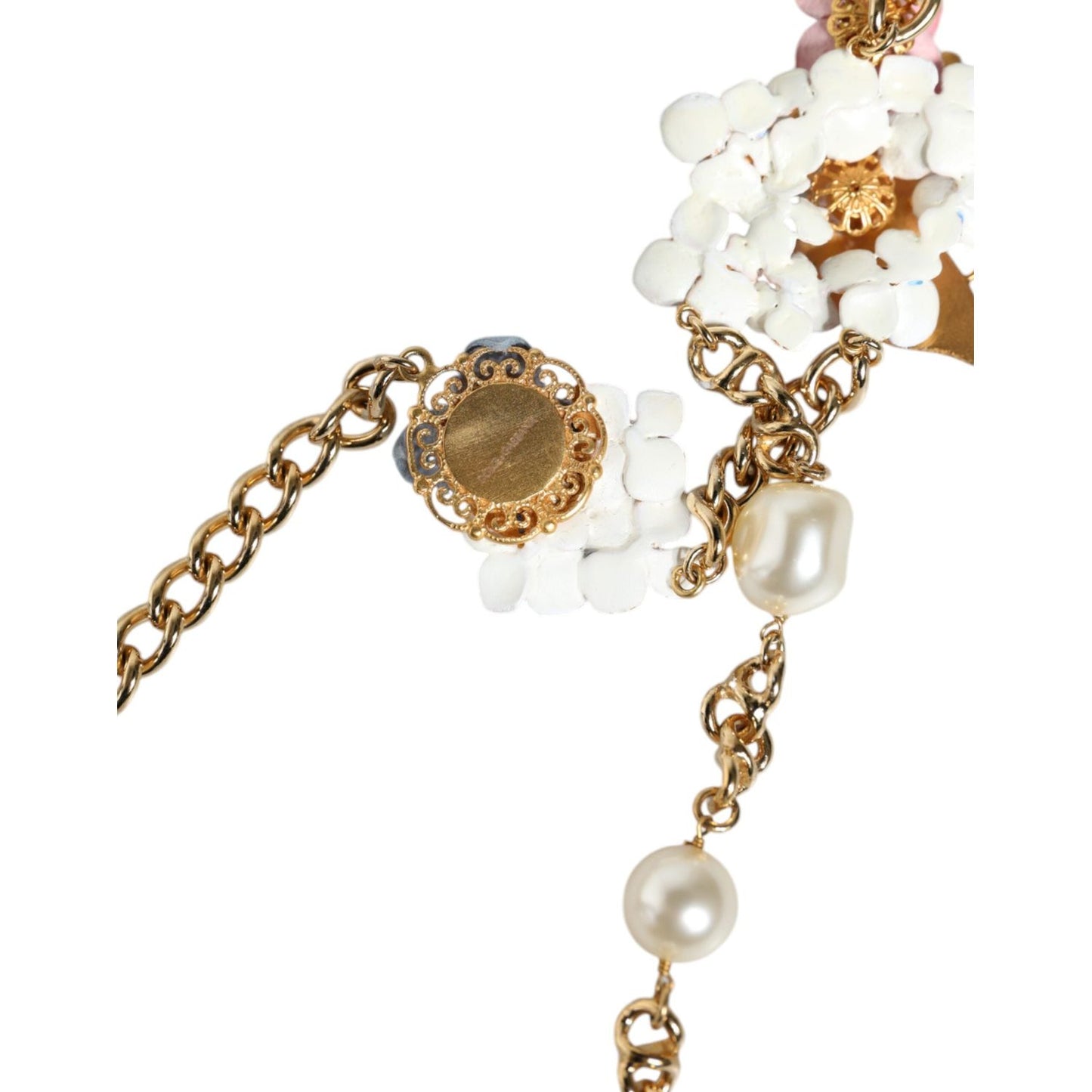 Dolce & Gabbana Gold Chain Brass Floral Layered Crystal Pearl Necklace Necklace Dolce & Gabbana