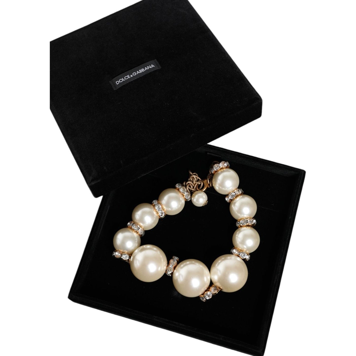 Dolce & Gabbana White Maxi Faux Pearl Beads Crystals Gold Chain Necklace Necklace Dolce & Gabbana