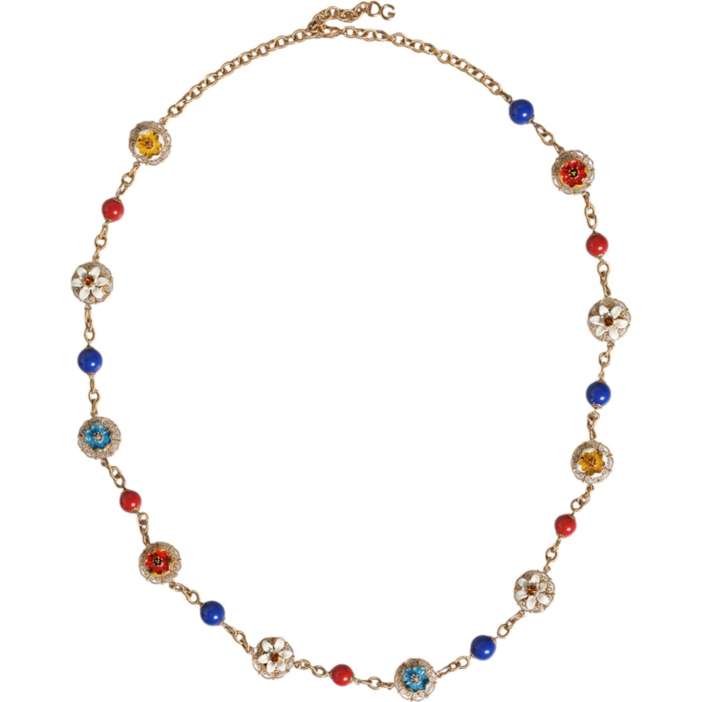 Dolce & Gabbana Gold Tone Brass Chain Floral Crystal Beaded Necklace Necklace Dolce & Gabbana