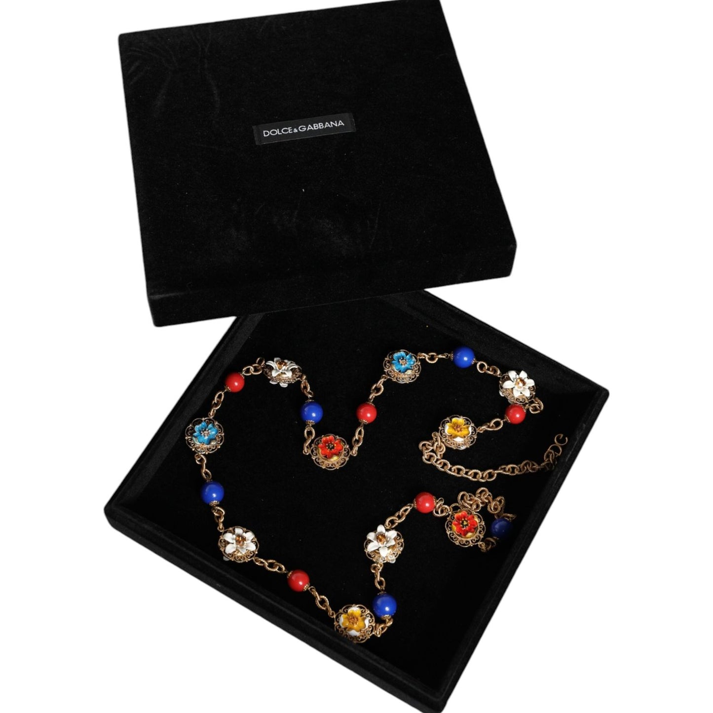 Dolce & Gabbana Gold Tone Brass Chain Floral Crystal Beaded Necklace Necklace Dolce & Gabbana