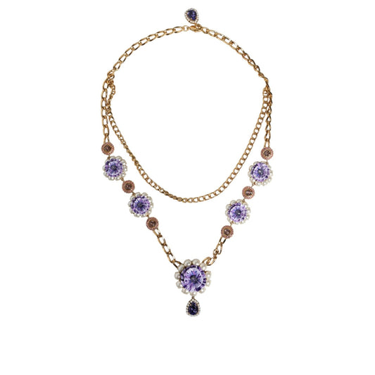 Dolce & Gabbana Gold Tone Floral Crystals Embellished Layered Necklace