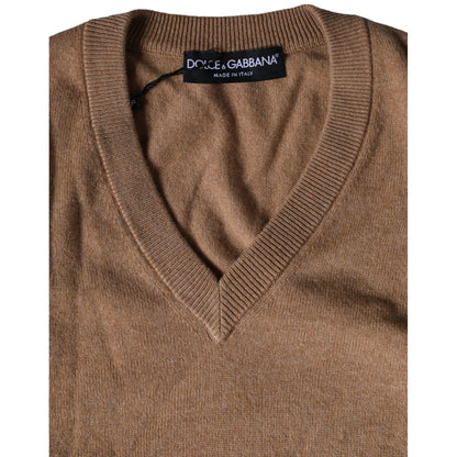 Dolce & Gabbana Brown Cashmere Knit V-neck Pullover Sweater