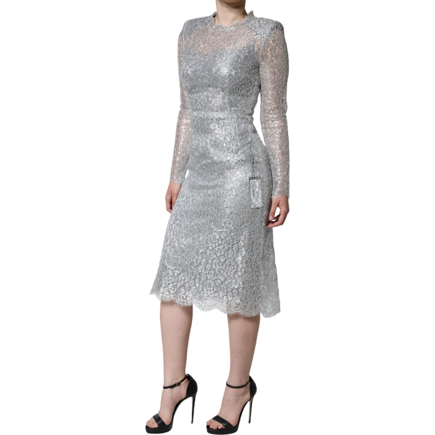 Dolce & Gabbana Silver Floral Lace Bodycon Sheath Midi Dress Dolce & Gabbana