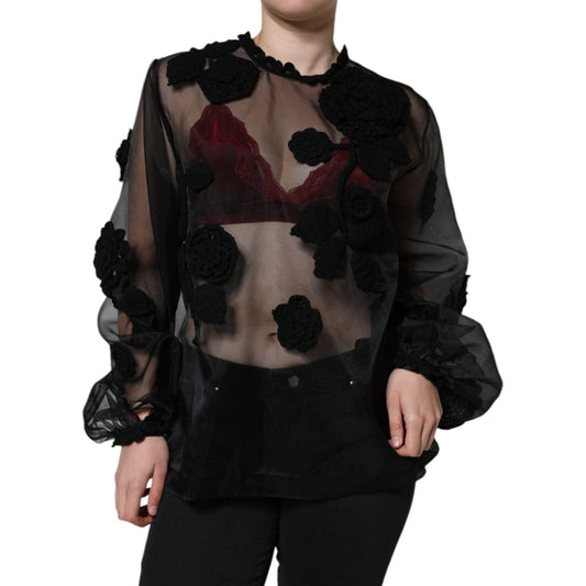 Dolce & Gabbana Black Nylon Mesh Transparent Floral Blouse Dolce & Gabbana