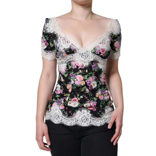 Dolce & Gabbana Black Floral Lace Short Sleeves Blouse Top Dolce & Gabbana