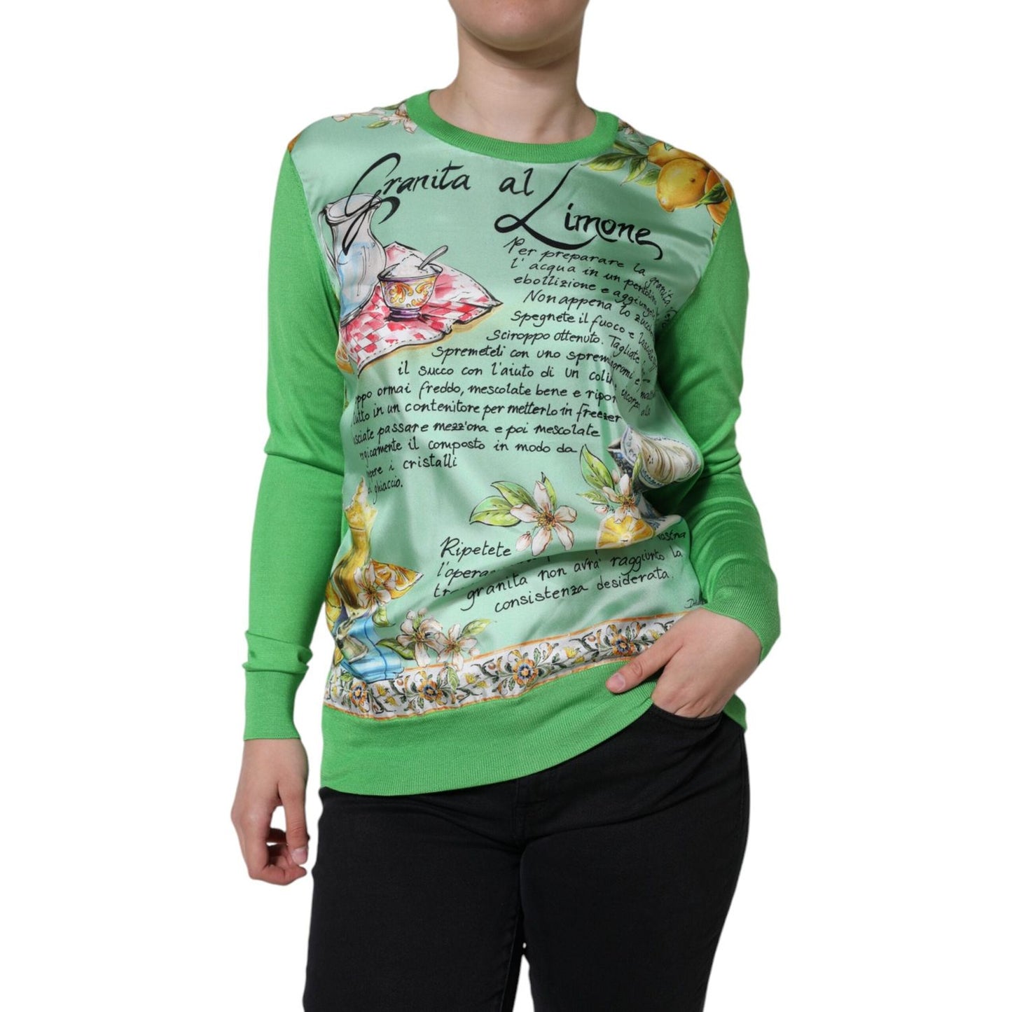 Dolce & Gabbana Green Silk Granita Al Limone Long Sleeves Sweater Dolce & Gabbana Slate Gray