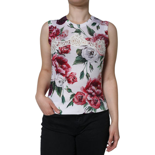Dolce & Gabbana White Floral Lace Silk Sleeveless Tank Top Dolce & Gabbana Dark Gray