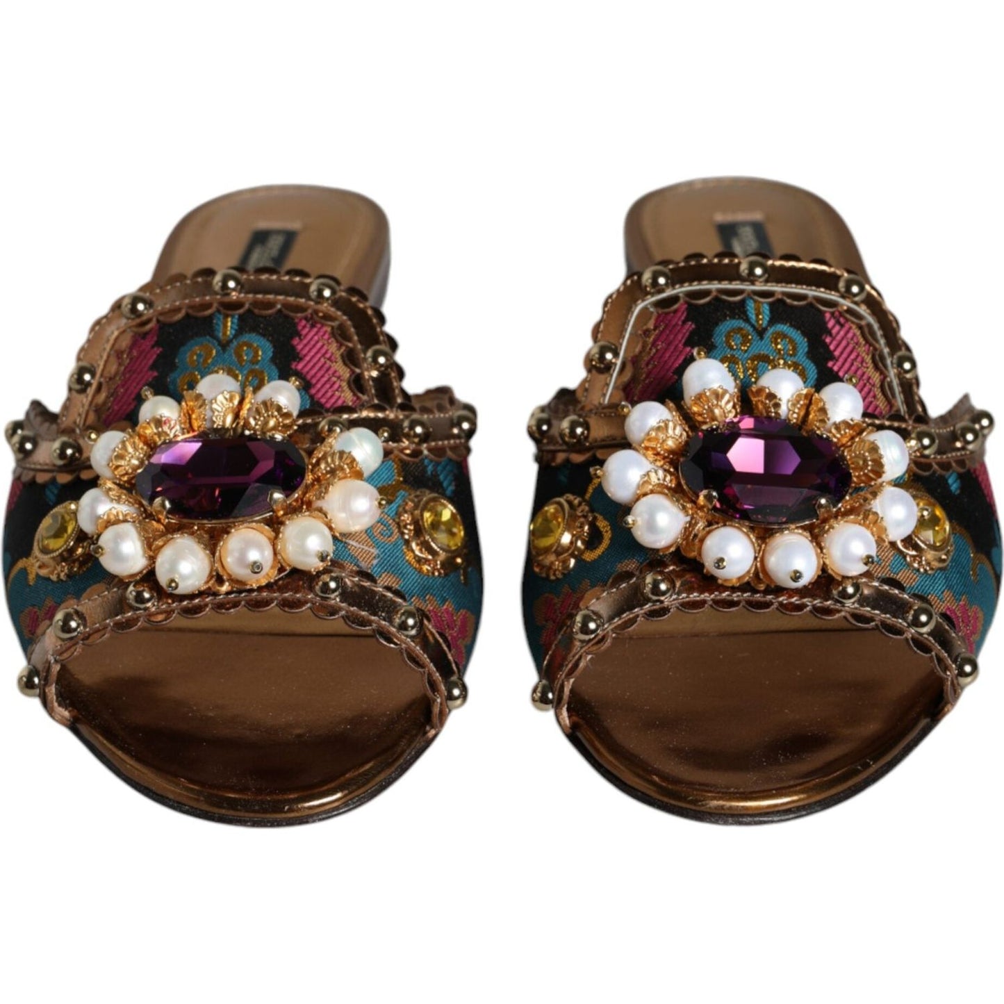 Dolce & Gabbana Multicolor Jacquard Embellished Slides Flats Shoes Dolce & Gabbana