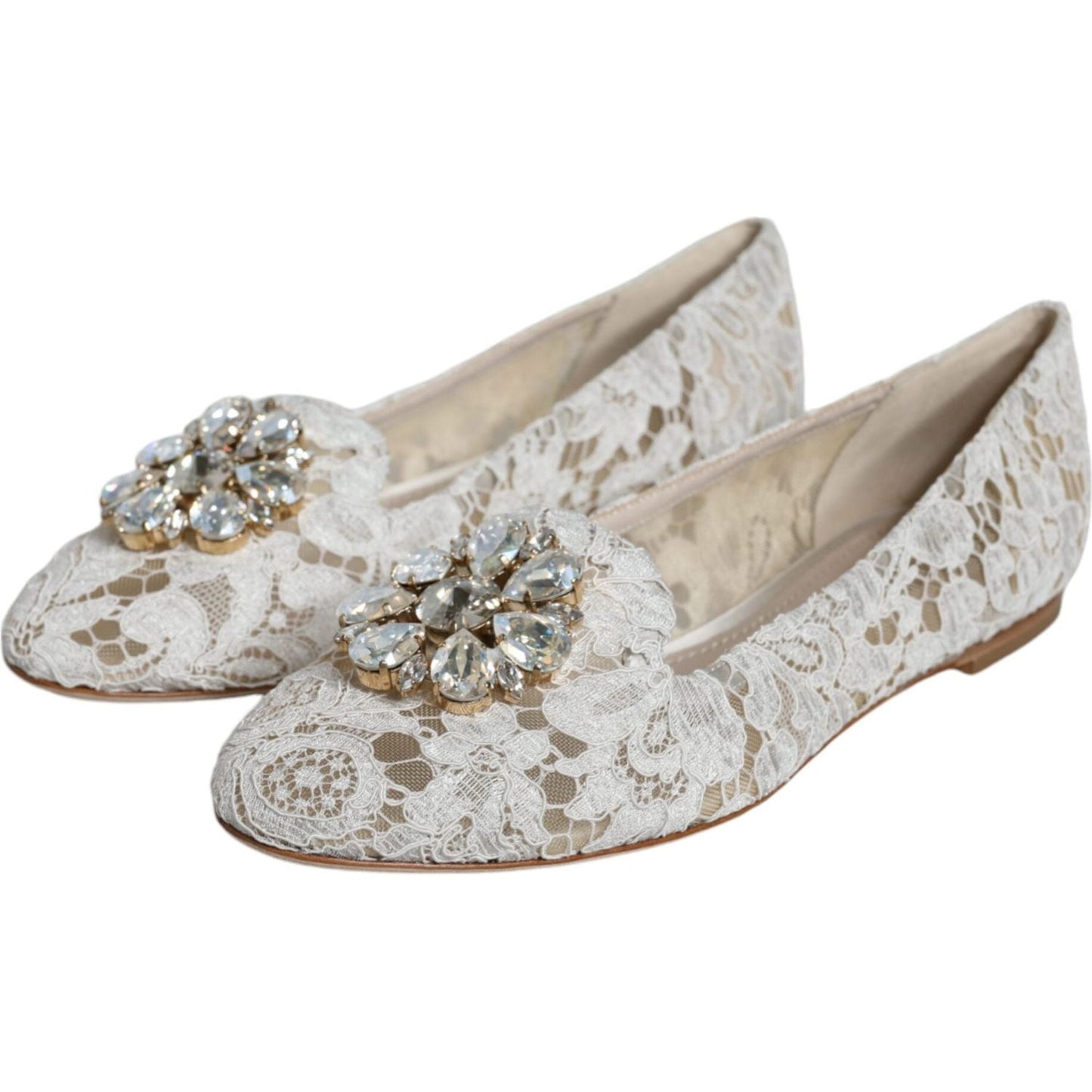 Dolce & Gabbana White Lace Crystal Ballet Flats Loafers Shoes Dolce & Gabbana