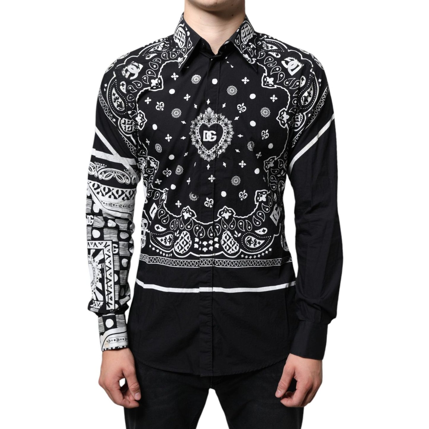 Dolce & Gabbana Black White Bandana Print Slim Cotton Shirt Dolce & Gabbana