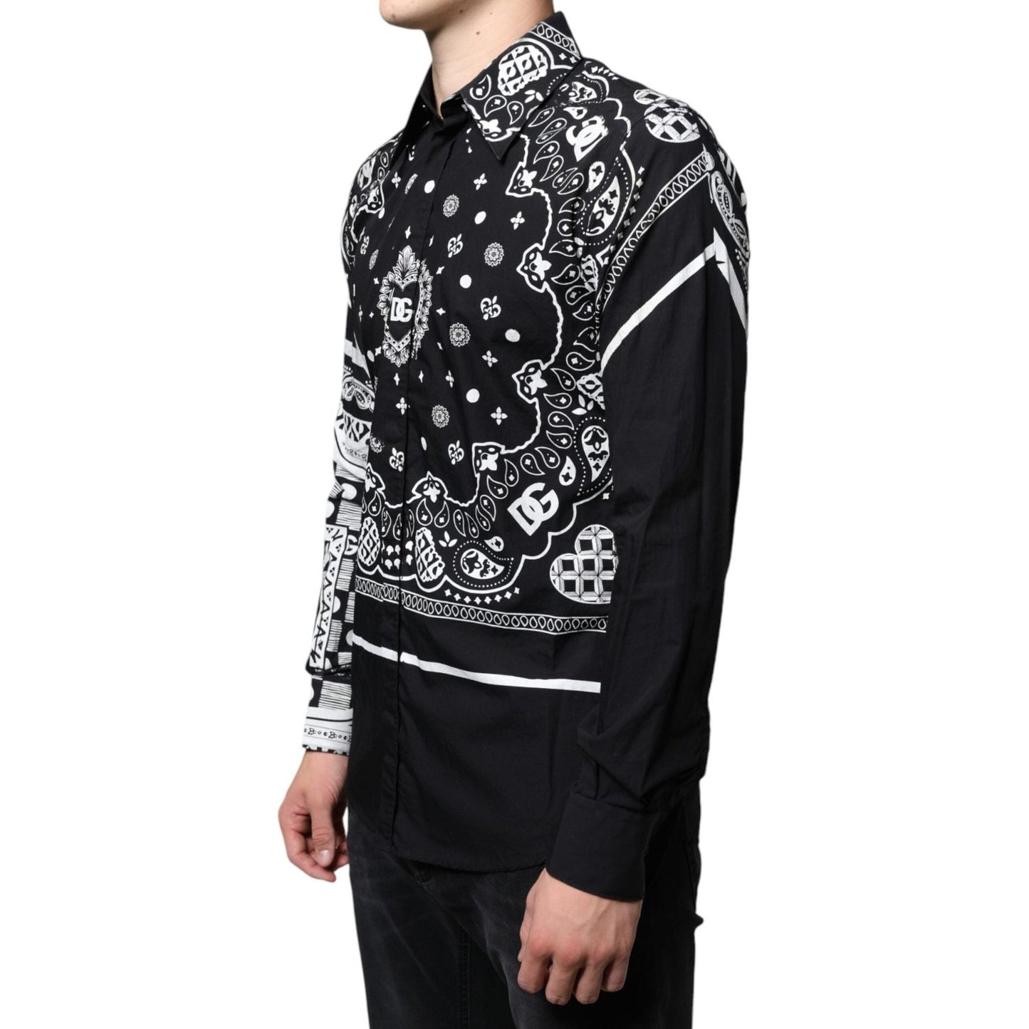 Dolce & Gabbana Black White Bandana Print Slim Cotton Shirt Dolce & Gabbana