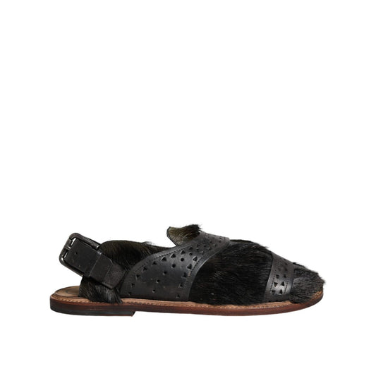 Dolce & Gabbana Black Gazelle Hair Leather Flats Sandals Shoes Dolce & Gabbana