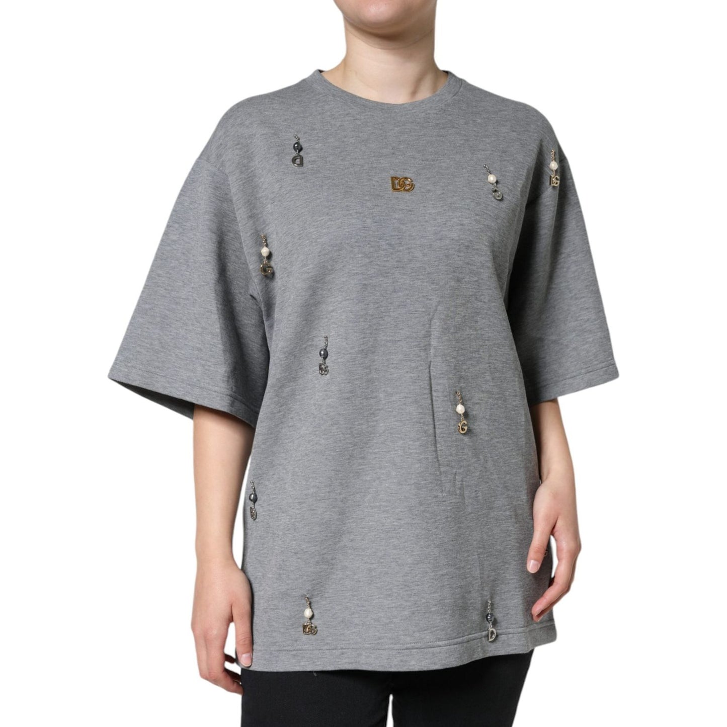 Dolce & Gabbana Gray Cotton Blend Embellished Tee T-shirt Dolce & Gabbana Light Slate Gray