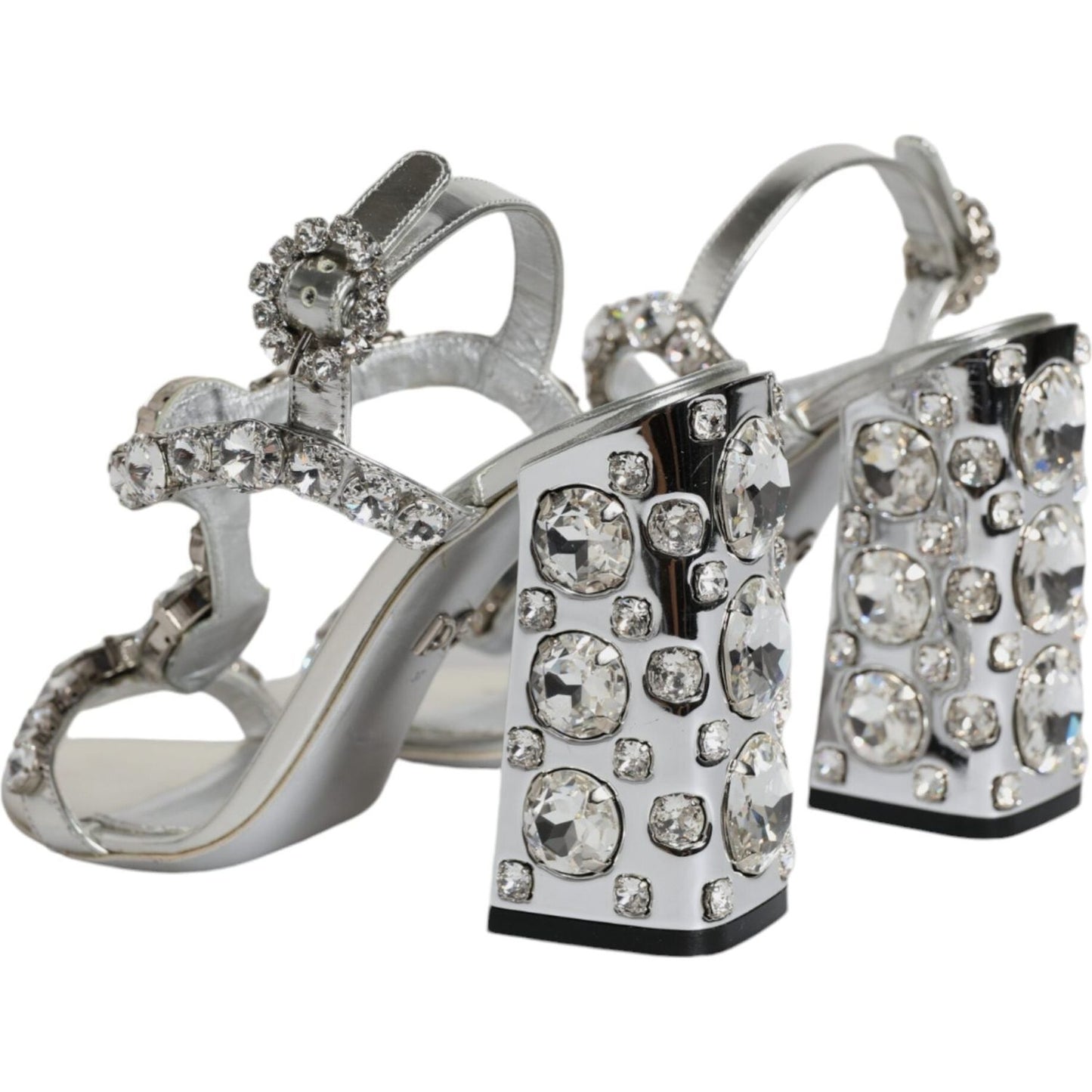 Dolce & Gabbana Silver Leather T-strap Crystal Sandals Shoes Dolce & Gabbana