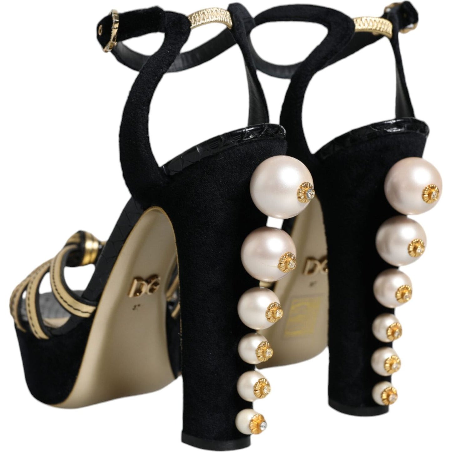 Dolce & Gabbana Black Leather Faux Pearl Heel Sandals Shoes Dolce & Gabbana