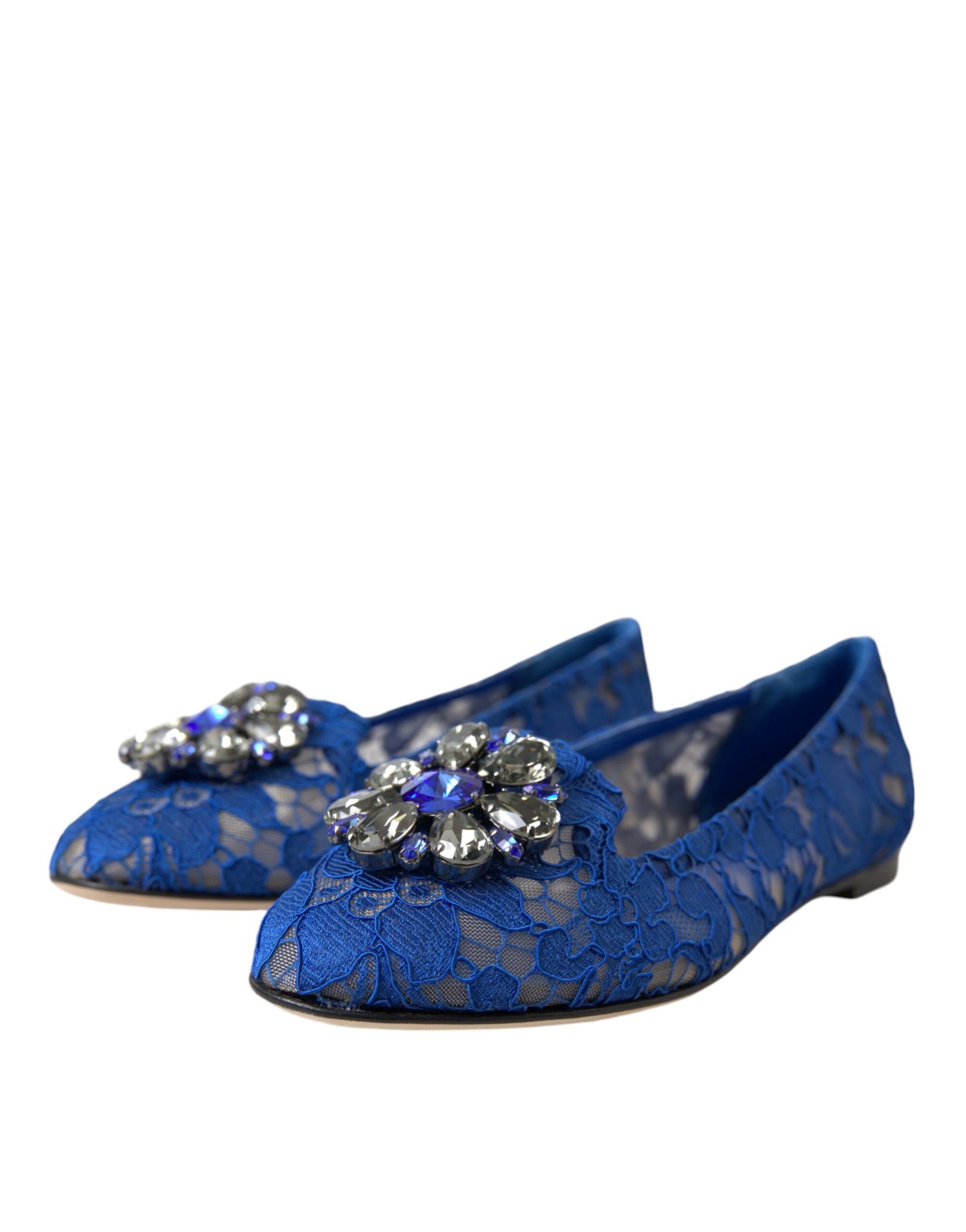 Dolce & Gabbana Blue Lace Crystal Ballet Flats Loafers Shoes Dolce & Gabbana