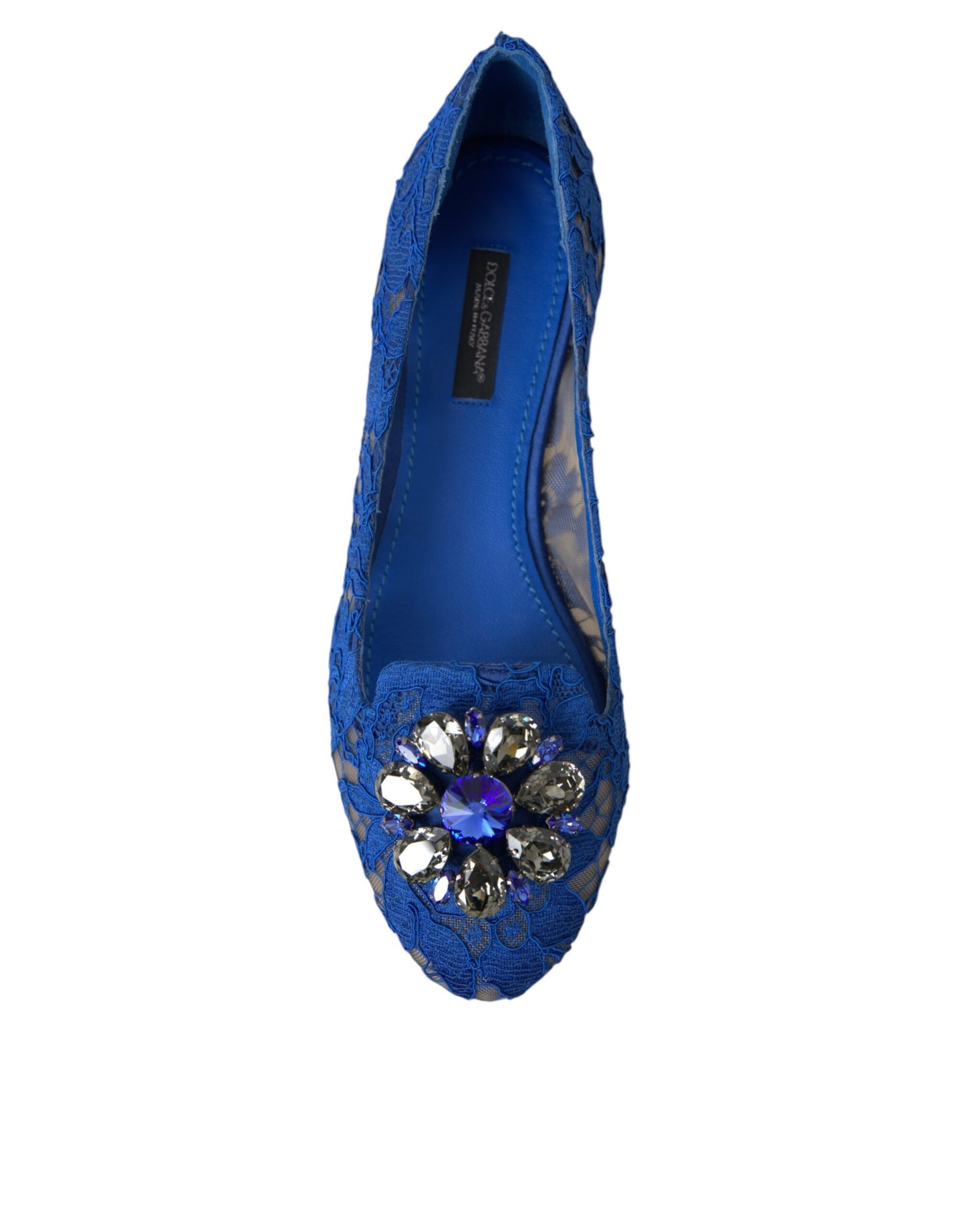 Dolce & Gabbana Blue Lace Crystal Ballet Flats Loafers Shoes Dolce & Gabbana