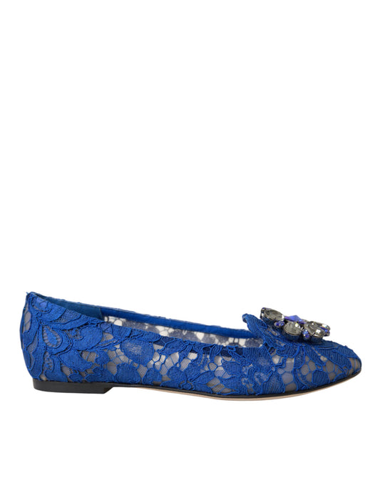 Dolce & Gabbana Blue Lace Crystal Ballet Flats Loafers Shoes Dolce & Gabbana