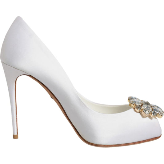 Dolce & Gabbana White Crystals Peep Toe Satin Pumps Shoes Dolce & Gabbana