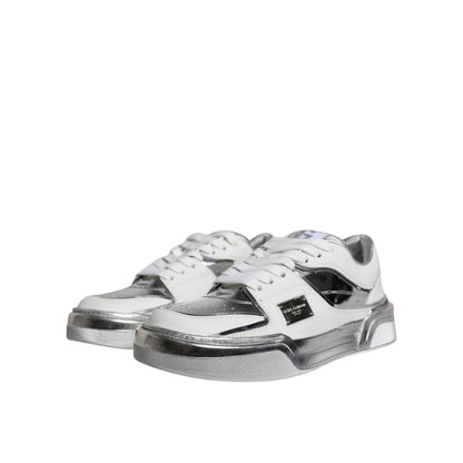 Dolce & Gabbana White Silver Leather Low Top Sneakers Shoes