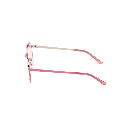 Guess unisex metal sunglasses with pink and violet frame, side view showing temple details, measuring 53/19/140mm.