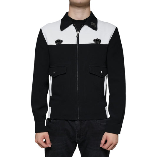 Dolce & Gabbana Black White DG Crown Full Zip Blouson Jacket 1728,67345645728,Biker Jackets - Jackets & Coats - Clothing,Black and White,Clothing,Dolce & Gabbana,IT46 | S,Jackets & Coats - Clothing,Jackets - Men - Clothing,Material: 51% Viscose 46% Acetat