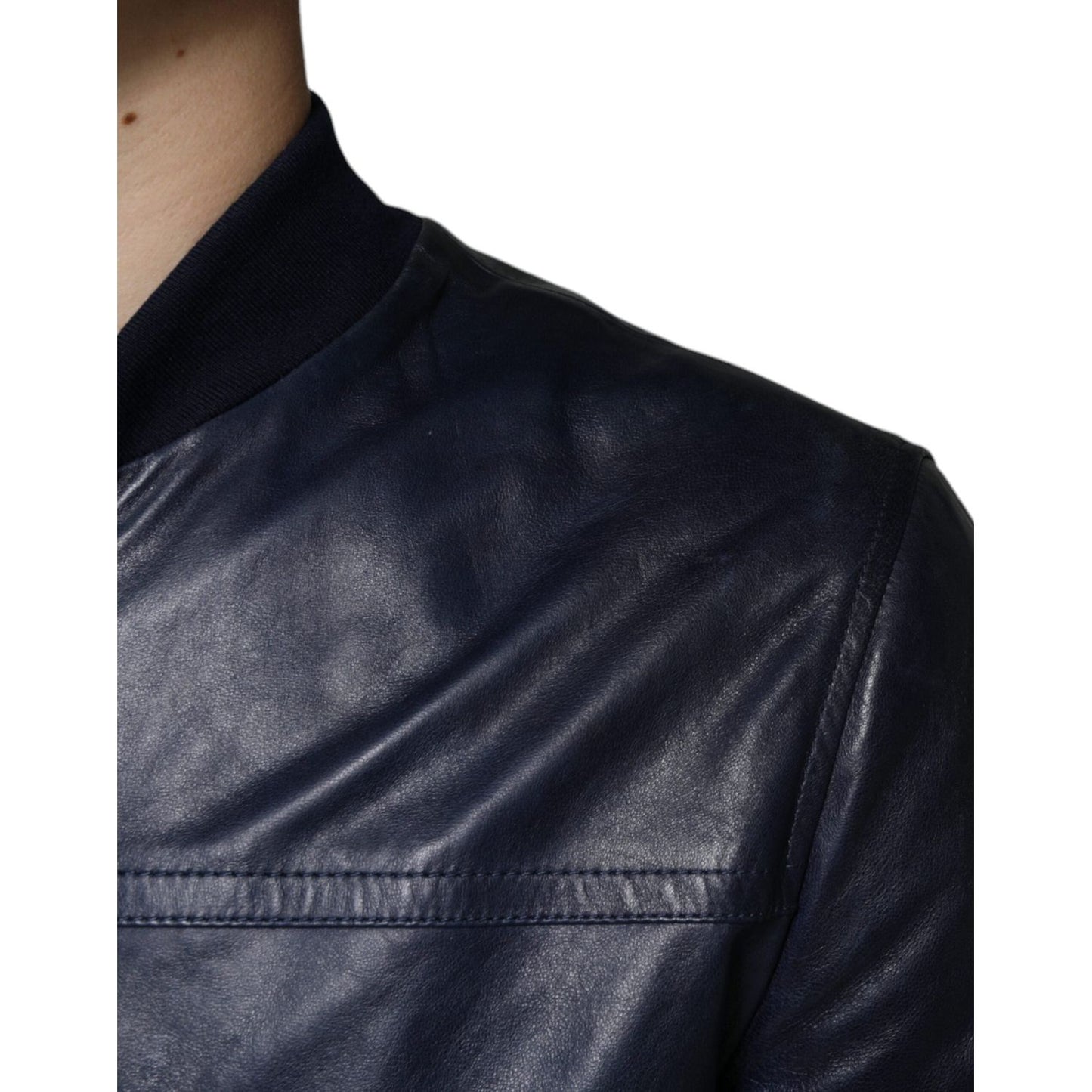 Dolce & Gabbana Blue Lambskin Leather Full Zip Biker Jacket Dolce & Gabbana