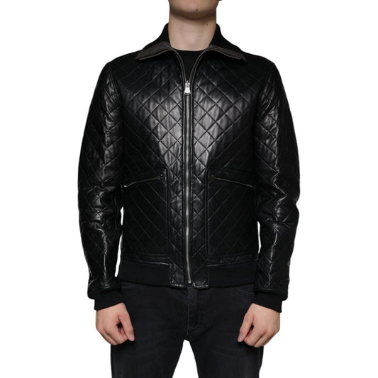 Dolce & Gabbana Black Calf Leather Quilted Full Zip Jacket Dolce & Gabbana Black