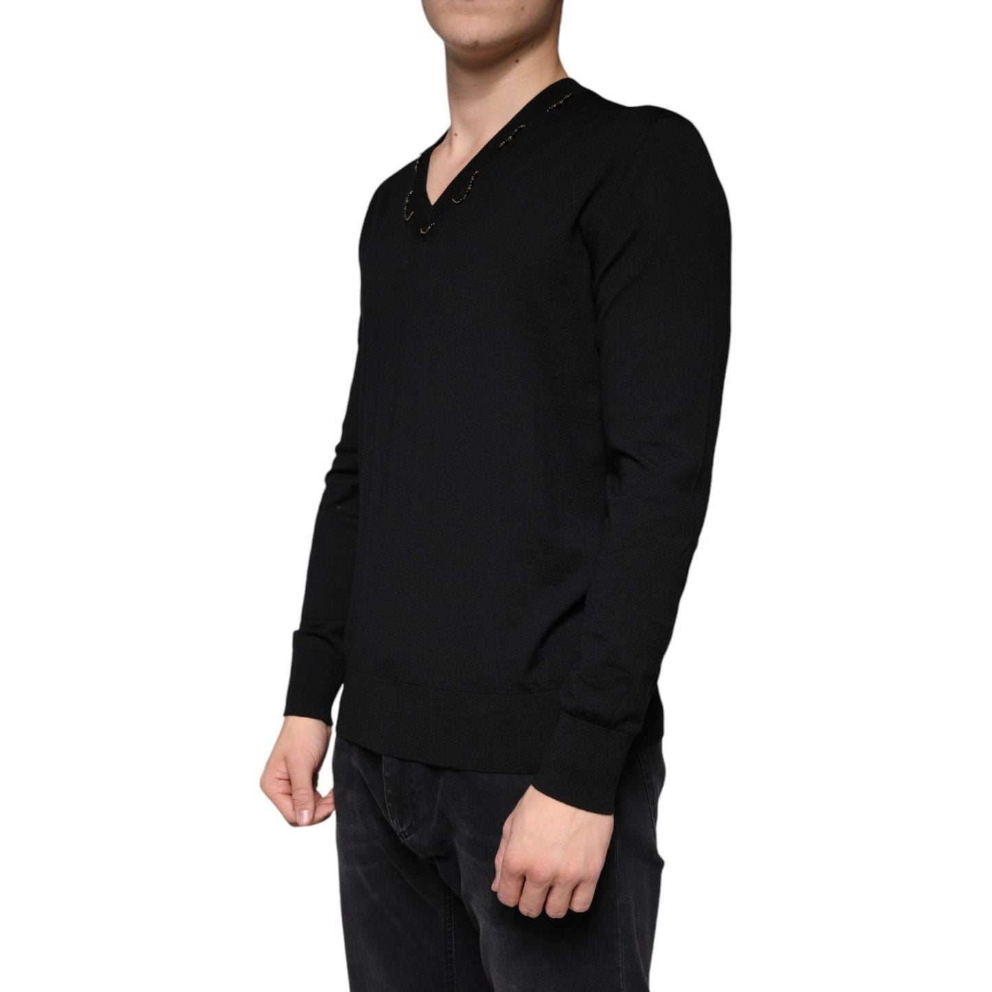 Dolce & Gabbana Black Embellished V-neck Pullover Sweater Dolce & Gabbana