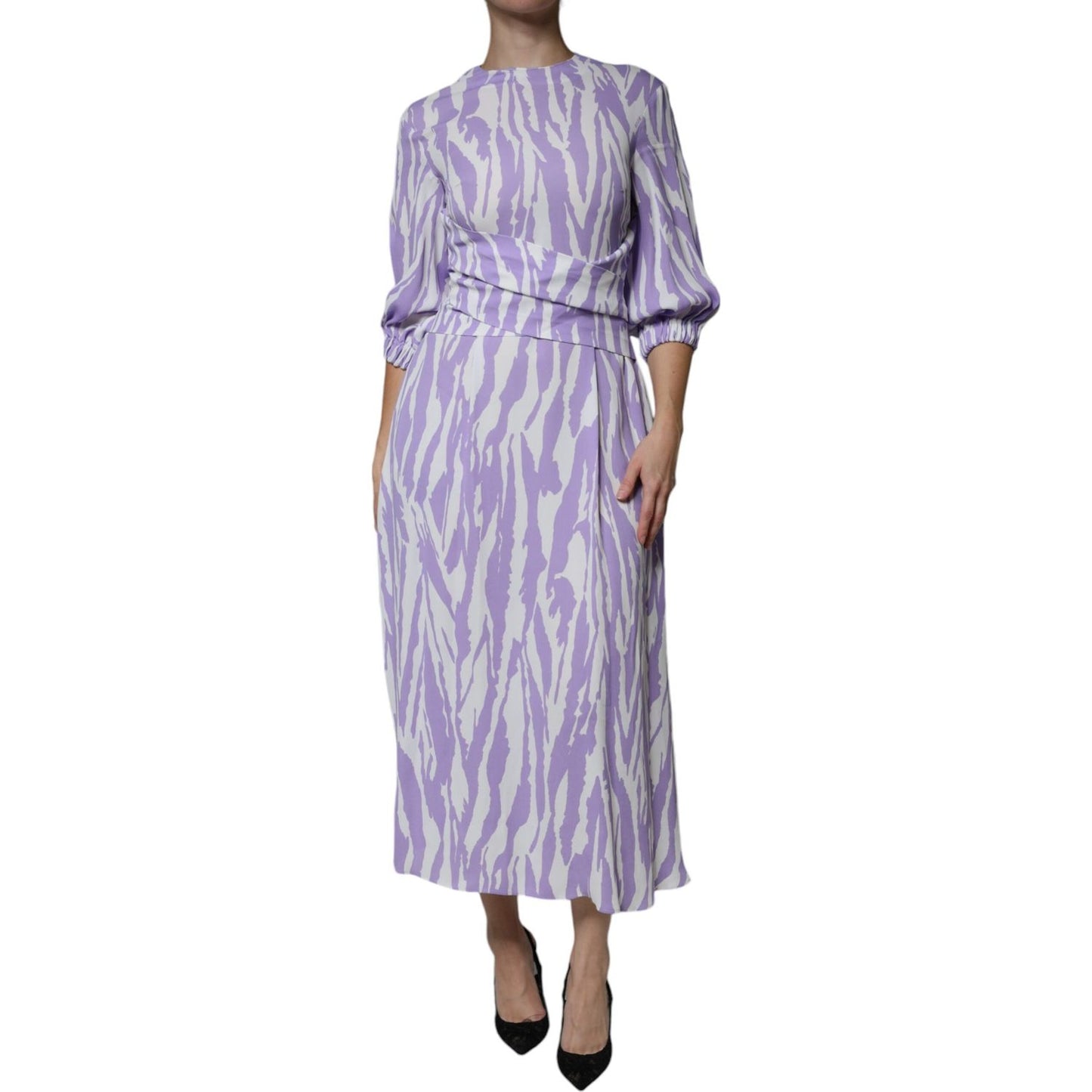 MSGM White Purple Patterned Viscose Short Sleeves Maxi Dress MSGM Dark Gray