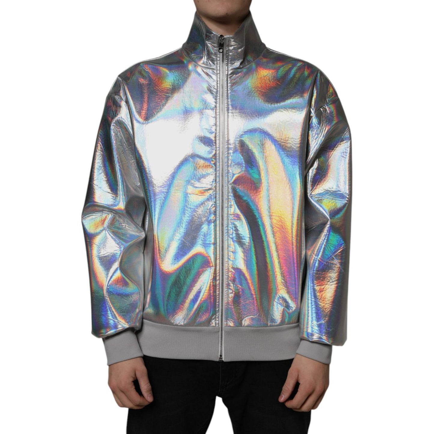 Dolce & Gabbana Silver Iridescent Full Zip Men Bomber Jacket Dolce & Gabbana Dim Gray